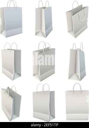 Blank white shopping bag view positions realistic images icons set commercial corporate identity template  isolated vector illustration Stock Vector