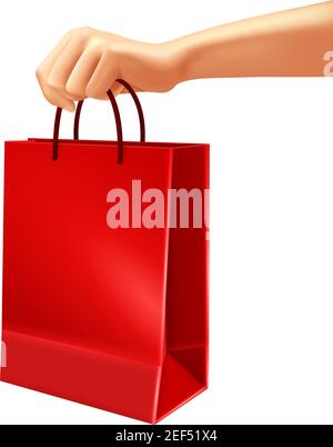 Hand holding blank red shopping bag from plastic or paper 3d design on white background vector illustration Stock Vector