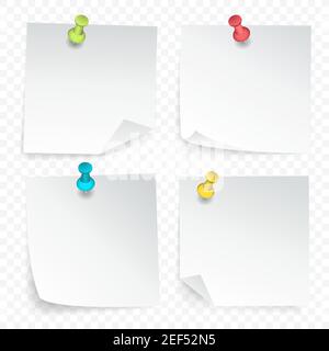 Set of white paper clean sheets with curled corner pinned by colored pushpins on transparent background  isolated vector illustration Stock Vector