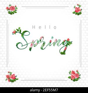Hello spring holiday card. Colorful emblem with element of calligraphy. Organic colored logotype, lettering with plants. Bright badge. Vector illustra Stock Vector