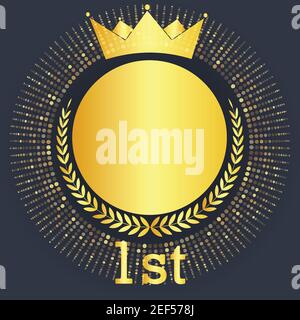 1st place winner avatar medal icon concept with golden crown and laurel. Vector illustration Stock Vector