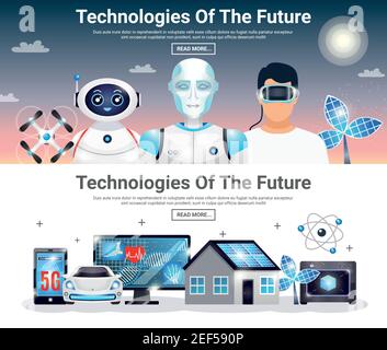 Technologies of future horizontal banners with eco house, electric car, robots, artificial photosynthesis, drones isolated vector illustration Stock Vector