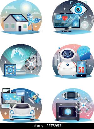Technologies of future compositions set with digital medicine, 3d printer, electric car, hologram projector isolated vector illustration Stock Vector