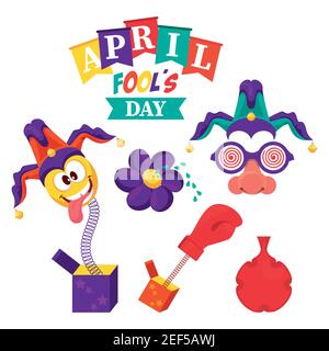 april fools day lettering with six icons vector illustration design Stock Vector