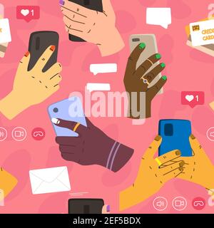 Vector seamless pattern phones in hands. Messages in messengers, social network, smartphone payments, e-mail. Hand drawn flat multicolor. Stock Vector