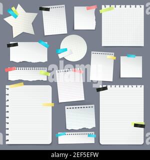 Realistic set of paper scraps and clean sheets torn from school notebook on gray background  isolated vector illustration Stock Vector