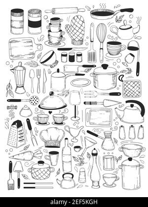 Cooking classes and Kitchen utensil set, cooking stuff for menu decoration. Vector collection of isolated objects. Icons in sketch style Stock Vector