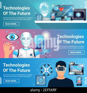 Set of horizontal banners with future technologies including virtual reality headset, robot, digital medicine isolated vector illustration Stock Vector