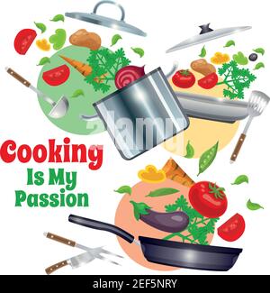 Composition with kitchenware including pans, culinary tools and vegetables on white background with colored circles vector illustration Stock Vector