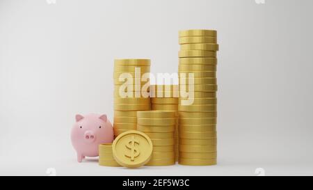 3d rendering. Stack of dollar coins with pink piggy bank on white background. Idea for business financial and saving money. Stock Photo