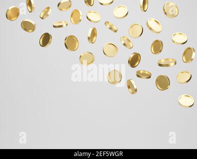 Gold coins falling or flying on white background. Jackpot or casino poke concept. 3d rendering. Stock Photo