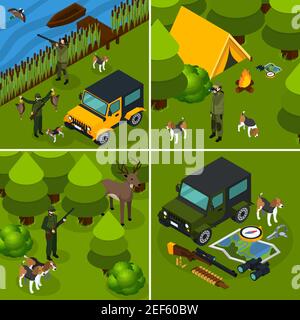 Four square isometric hunting icon set hunter in forest with tents and a gun vector illustration Stock Vector