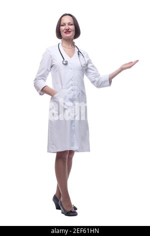 female doctor pointing at a white screen . isolated on a white background. Stock Photo