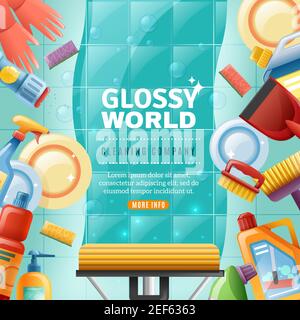 Professional cleaning design including mop brushes tableware sponges and detergents on textured background with bubbles vector illustration Stock Vector