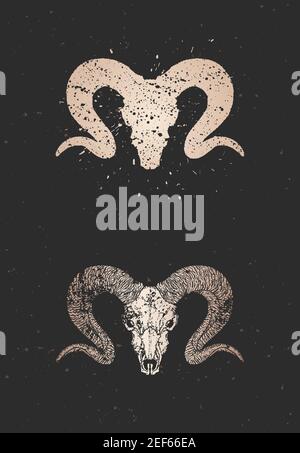 Vector illustration with two variants of hand drawn wild ram skulls on black background. Gold silhouettes and contour with grunge texture. For you des Stock Vector