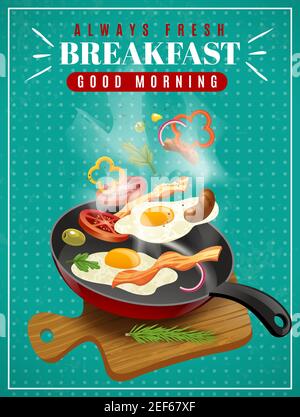 Fresh breakfast poster with meat vegetables fried eggs pan and cutting board on turquoise background vector illustration Stock Vector