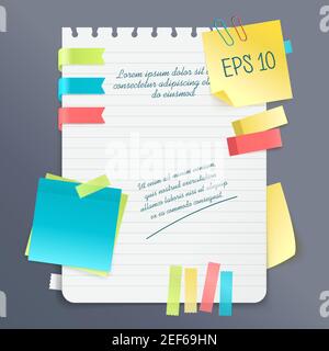Paper note realistic composition with notepad and sticky sheets of various colors and size vector illustration Stock Vector