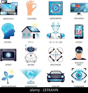 Technologies of future icons set including augmented reality, artificial photosynthesis and intelligence, electric car isolated vector illustration Stock Vector