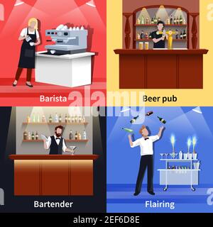 Four square cocktail people icon set with barista beer pub bartender and flairing descriptions vector illustration Stock Vector