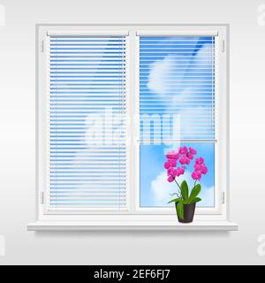 Home window design concept with horizontal blinds and purple flower in pot on windowsill at blue sky background vector illustration Stock Vector