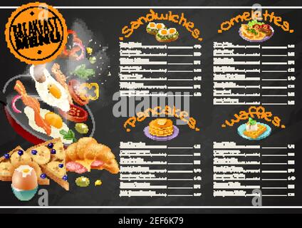 Breakfast menu on black chalkboard including omelettes sandwiches with vegetables pancakes waffles with chocolate, fruits vector illustration Stock Vector
