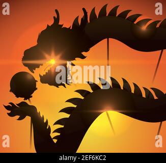 Sunset view with the silhouette of a Chinese dragon costume performing its dance chasing a 'pearl' -or ball- with poles. Stock Vector