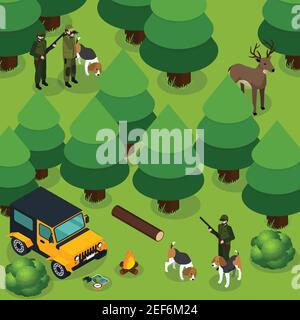 Hunting isometric composition with two groups of hunters hunt deer in the forest vector illustration Stock Vector