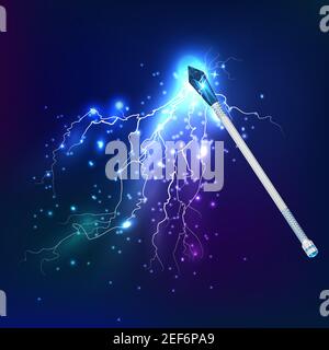 Magic wand in night sky realistic background with electric discharge and glowing effect vector illustration Stock Vector