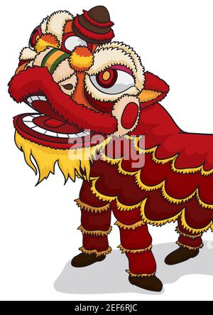 Festive costume of Chinese lion in Southern style in red color for traditional holidays. Stock Vector