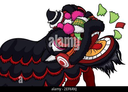 Black lion and dancers performing the traditional performance of lettuce eating and red envelope or 'cai qing' meaning 'plucking the greens'. Stock Vector