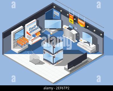 Electronics supermarket isometric composition of domestic appliances store interior with gadgets laptop computers and television sets vector illustrat Stock Vector