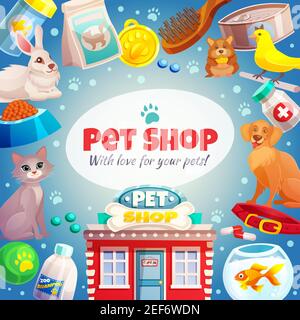 Pet shop frame with logo, animals, food and goods care, store building on blue background vector illustration Stock Vector