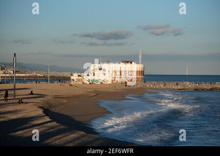 Barcelona, Spain: 2021 February 12: Mar Bella Beach on the Barcelona seafront at the time of Covid 19 in the winter of 2021. Stock Photo