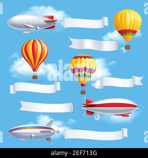 Colored advertising banners composition dirigible and air balloons with attached white fabric banners vector illustration Stock Vector