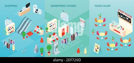 Shopping mall department stores interior and fast food  court 3 isometric vertical banners set isolated vector illustration Stock Vector