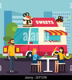 Colored sweets van orthogonal flat composition with couple man and woman on a date vector illustration Stock Vector