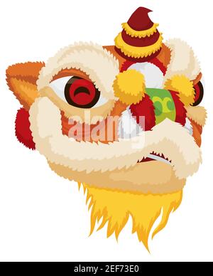 Traditional head of Southern Chinese lion for dance performances, with a horn, fur and beard. Stock Vector