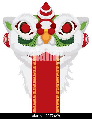 Template with Chinese lion head costume with green color, horn and fur in Southern style, holding a red label on its mouth. Stock Vector