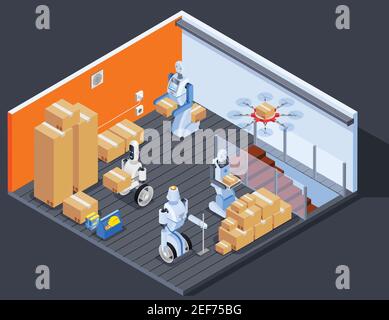 Robot isometric professions composition of warehouse interior and robotic stock workers carrying pasteboard boxes with drone vector illustration Stock Vector