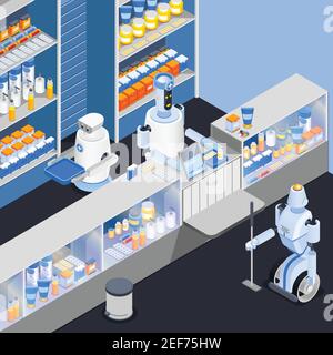 Robot isometric professions composition with smart robotic store attendants at counter of household chemical goods shop vector illustration Stock Vector