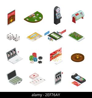 Gambling colored set with online lottery and casino icons isolated on white background isometric vector illustration Stock Vector