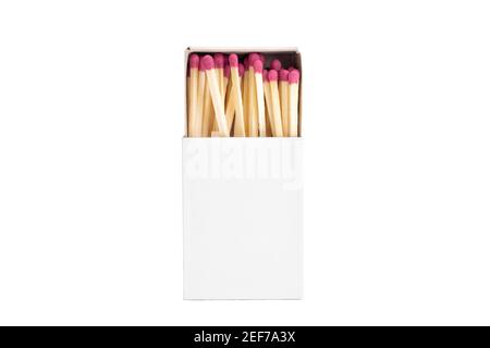 Close-up of an opened matchbox with matchsticks isolated on white background. Stock Photo