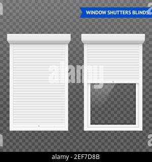 Window roller shutters set in closed and open form white on transparent background vector illustration Stock Vector