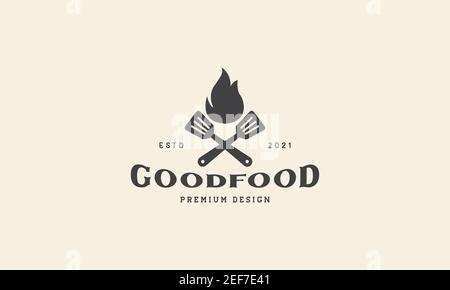 vintage black fire with spatula logo design vector icon symbol illustration Stock Vector