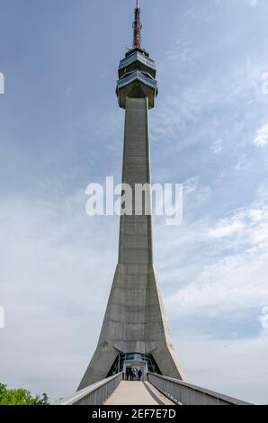 Avala Tower, Belgrade, Serbia. Telecommunications tower located on Mount Avala in Belgrade. Famous landmark and symbol of pride. Stock Photo