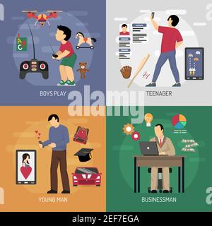 Men evolution digital gadget design concept with flat compositions of male characters using gadgets at various age vector illustration Stock Vector