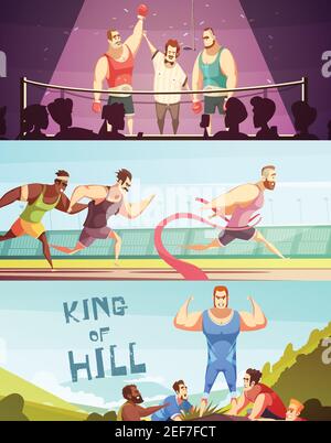 Competition banners collection with doodle style human characters of barbed male athletes in triumph situations vector illustration Stock Vector