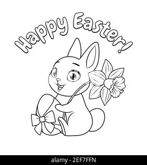 Cute bunny holding egg and daffodil. Happy Easter greeting cartoon vector coloring page. Stock Vector