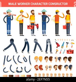 Flat colored male worker character constructor composition with isolated elements legs hands and heads vector illustration Stock Vector