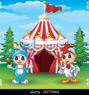 Vector illustration of Circus girl rabbit costume and rooster kid on the circus tent background Stock Vector
